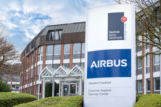 corporate banner Airbus front office building, related to development aviation infrastructure, largest European aerospace corporation, impact on economy, Frankfurt, Germany - February 10, 2024