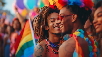 Group of friends celebrating pride month. LGBTQ community, support, gay pride month, Equality symbols  - obrazy, fototapety, plakaty