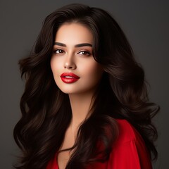 Fototapeta premium Captivating Indian Woman: Close-Up Portrait with Vibrant Makeup and Red Lipstick generative ai