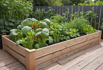 Wooden raised bed vegetable garden that is organic. for vertical planting