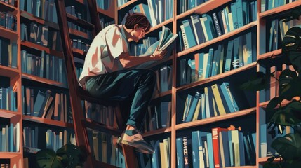 A student climbs up to a bookshelf, symbolizing the journey of education and learning - obrazy, fototapety, plakaty