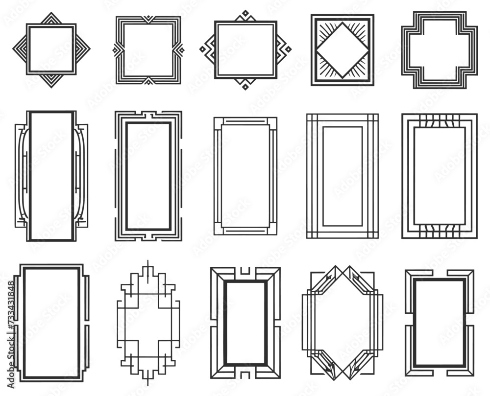 Poster art deco linear frames. ornate simple line artdeco borders isolated on white, decorative square and 