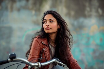 City Commute: Stylish Indian Woman Riding Bicycle in Minimalist Style generative ai