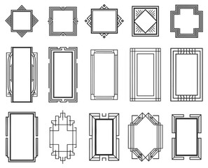 Art deco linear frames. Ornate simple line artdeco borders isolated on white, decorative square and rectangle vector cadres - obrazy, fototapety, plakaty