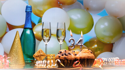 Happy birthday champagne background with number of candles 34 . Beautiful congratulations copy...