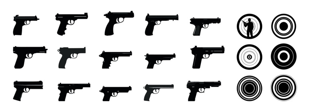 Black elements of shooting range and gallery. Guns silhouettes and different targets. Shoot lessons for police or warrior, self-defense courses vector elements