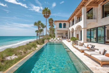 An elegant beachfront villa boasting a private pool, spacious terraces, and panoramic ocean views, epitomizing luxury coastal living.. - Powered by Adobe