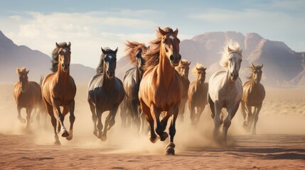Group of horses running gallop in the desert. - obrazy, fototapety, plakaty