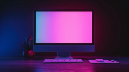 The image features an old desktop PC with a blank screen, illuminated by vibrant retro lighting, showcasing a nostalgic ambiance. It's a 3D rendering capturing the essence of vintage technology