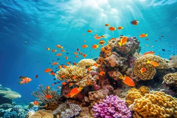 Fish over a coral reef in the sea.