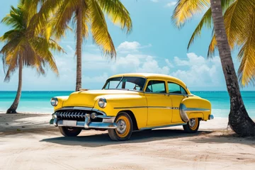 Papier Peint photo autocollant Voitures anciennes Yellow old car parked on a tropical beach