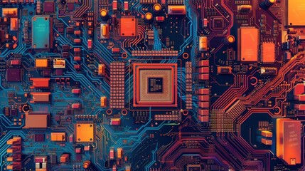 
The image depicts a circuit board, showcasing electronic computer hardware technology. It features a motherboard digital chip, representing tech science background