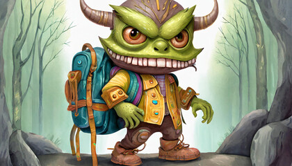 Green monster with horns - young cute little monsters