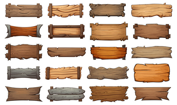 Cartoon wood blank banners. Empty message boards graphics, rustic wooden planks label signs vector illustration