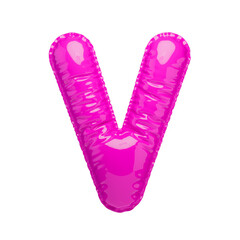 Volumetric letter V. The letter of the Latin alphabet in the shape of a balloon, isolated on a transparent background. An inflatable ball of bright pink color with a glossy texture.