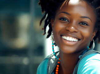 A smiling African young professional exudes confidence and competence in her business endeavors.