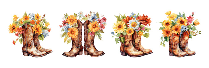 Cowboy boots with flower bouquets. Cowboys fashion shoes, decorative stylish elements. Spring or summer garden design, cowgirl boot vector icons