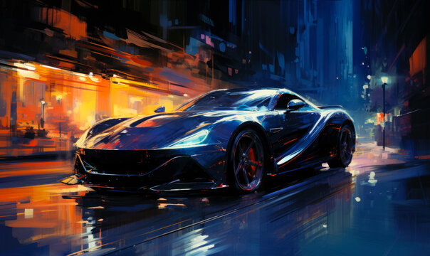 Amidst the cityscape, a high-performance car races past, surrounded by neon lights and motion-blurred scenery.