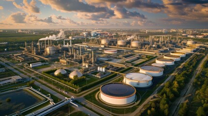 Gas storage tanks and a sprawling oil refinery plant dominate the industrial landscape, showcasing the scale and infrastructure of the petroleum industry - obrazy, fototapety, plakaty