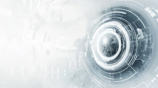 Fototapeta Abstract grey and white technology background with various tech elements, conveying a hi-tech communication concept and innovation. Includes circle empty space for your text