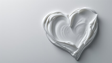 White beauty skincare cream swipe smear in heart shape on white background. Cosmetics makeup smudge swatches. Top view, copy space for text