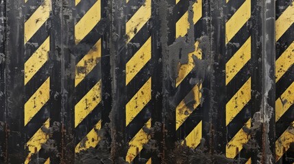 Grunge metal background featuring black and yellow warning stripes
