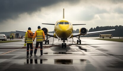 airport workers handling airplane