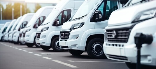 Electric vehicles charging station on a background of a row of vans - 733434047
