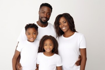 african american happy family in studio in white t-shirts mockup - 733434059