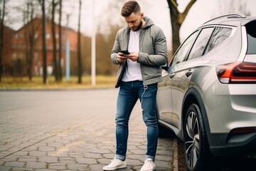 Young man with smartphone stay near vehicle on parking