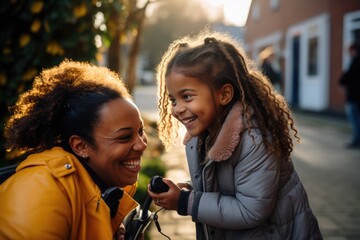 african american mother with daughter smiling outdoor - 733434081