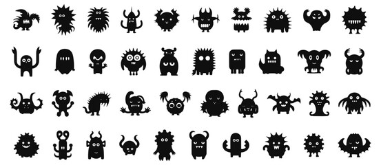 Funny space invaders stencils. Unique creature graphics symbols, bacteria and virus characters icons, computer monsters black shapes - obrazy, fototapety, plakaty