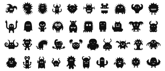 Fotobehang Funny space invaders stencils. Unique creature graphics symbols, bacteria and virus characters icons, computer monsters black shapes © LadadikArt