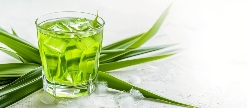 Fresh pandan leaves and pandan tea in a glass on a white background, representing healthy herbal drinks.