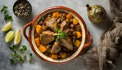 Poster Delicious traditional moroccan lamb tagine seen from above © juanorihuela
