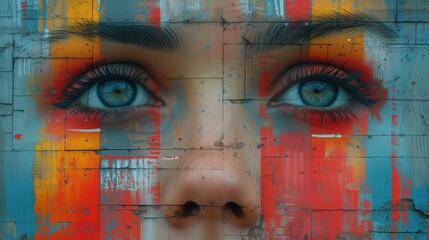 Profesjonalny malunek na murze twarzy kobiety wykonany kolorową farbą  - obrazy, fototapety, plakaty