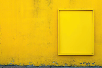 horizontal image of an empty frame hanging o a yellow wall Generative AI