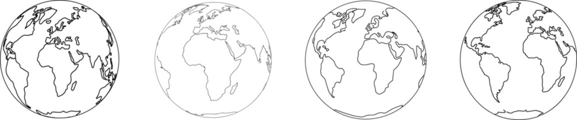 One-Line Drawing set of Earth Globe, World Illustration Vector Line Art Style 
