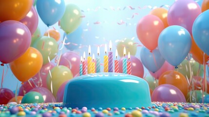 Niebieski tort urodzinowy z 10 świeczkami, który jest otoczony kolorowymi balonami i serpentynami, na stole rozsypane są słodycze - obrazy, fototapety, plakaty
