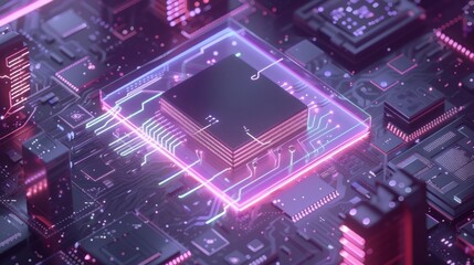 Isometric illustration of a quantum computer processing large data sets. Depicts central processing units and digital chips