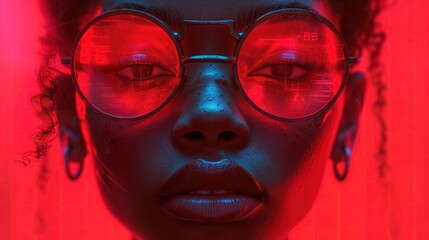 Czarnoskóra kobieta z czerwonymi okularami na namiętnym tle. - obrazy, fototapety, plakaty
