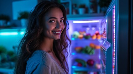 Naklejka premium Tech-Enhanced Midnight Munchies: Hispanic-Indian Woman Delights in Refrigerator Finds generative ai
