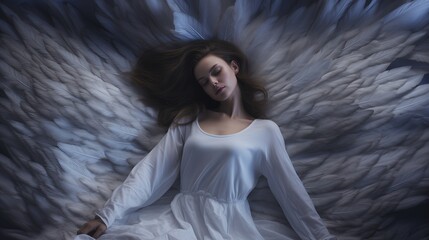 Kobieta w białej sukni leży na miękkich skrzydłach anioła - obrazy, fototapety, plakaty