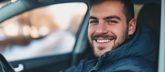 Unshaven Male Courier Sitting in Car, Smiling - A featuring an Unshaven Male Courier Sitting Comfy in his Car, Flashing a Warm Smile