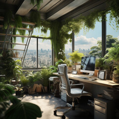 Fototapeta premium Ecological solutions for offices and business spaces.Photo of an work office with desk and chair, work computer and big windows with great city view , room is full of plants and vegetation