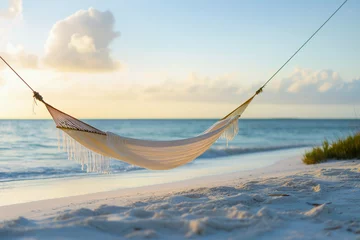 Fotobehang A beje hammock hanging from a tree at sunset on the brazilian beach, travel, peace, rest, concept. © Imagine