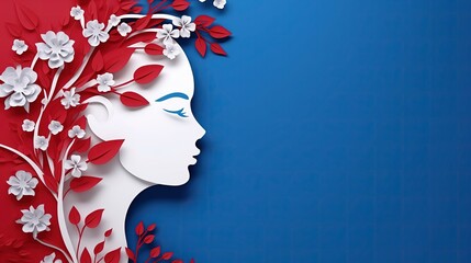 3D portret kobiety z kwiatami we włosach w kolorach biały, czerwony i niebieski.