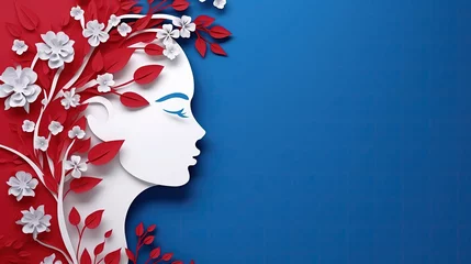 Fotobehang 3D portret kobiety z kwiatami we włosach w kolorach biały, czerwony i niebieski. © Artur