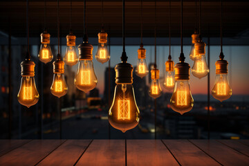 Energy-saving light sources and lighting. Many burning light bulbs in the evening handing on a porch.