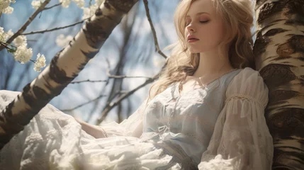 Gordijnen Beautiful young blonde lady resting on a blooming birch tree on a beautiful sunny spring day. AI Generated © Serhii